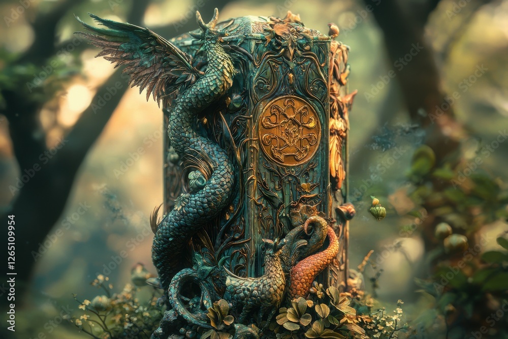Fototapeta premium Enigmatic Stone Pillar with Dragon and Ornate Carvings in a Mystical Forest Setting