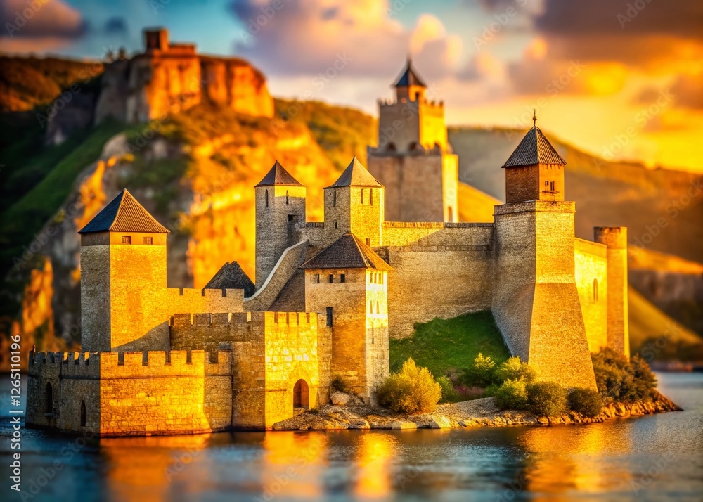 Restored Medieval Golubac Fortress Towers, Sunny Summer Afternoon - Tilt-Shift Photography Restored Medieval Golubac Fortress Towers, Sunny Summer Afternoon - Tilt-Shift Photography