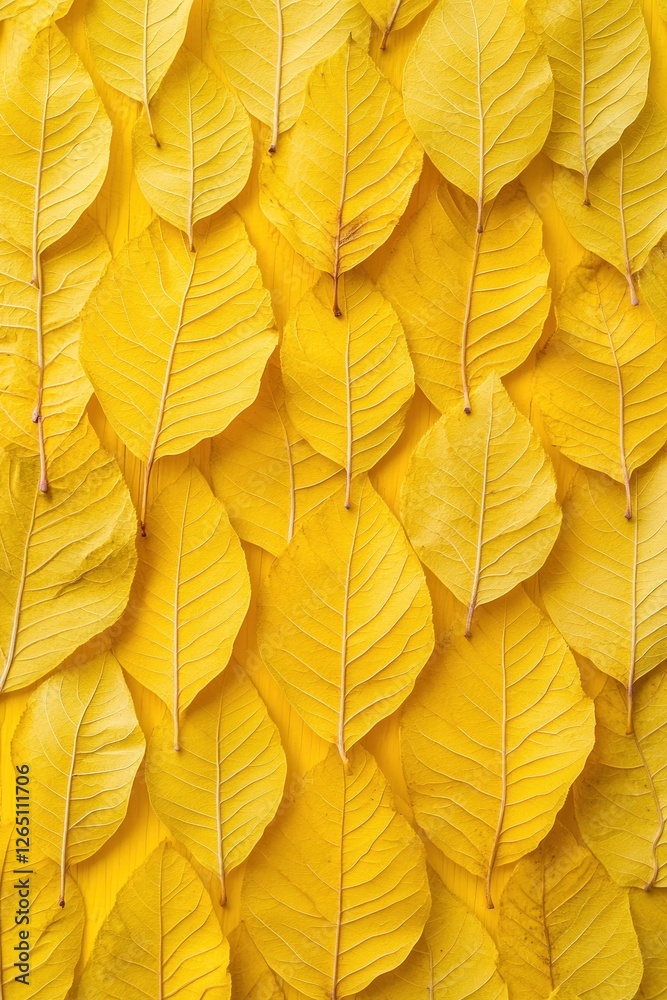 Obraz premium Close-up of vibrant yellow autumn leaves arranged in a repeating pattern on a yellow background.
