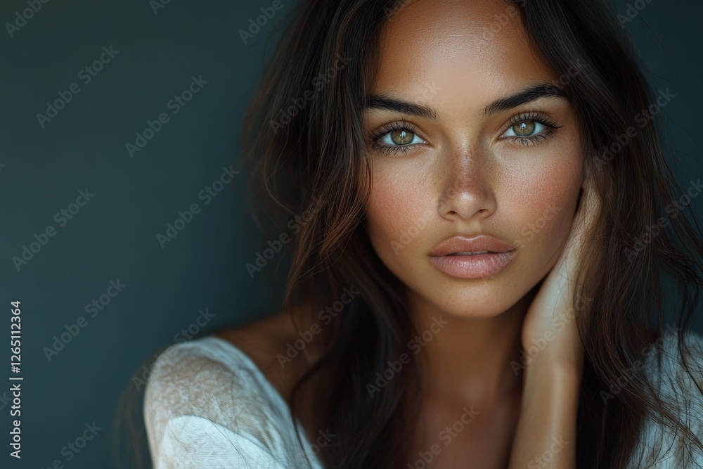 Captivating close-up portrait of a woman with striking green eyes and natural beauty in soft lighting Captivating close-up portrait of a woman with striking green eyes and natural beauty in soft lighting