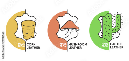 Plant based leather icons set - Cork, Mushrooms and Cactus leather, in thin line