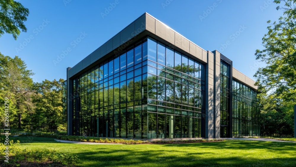 Modern glass office building on a sunny day, surrounded by lush green landscape. Modern glass office building on a sunny day, surrounded by lush green landscape.