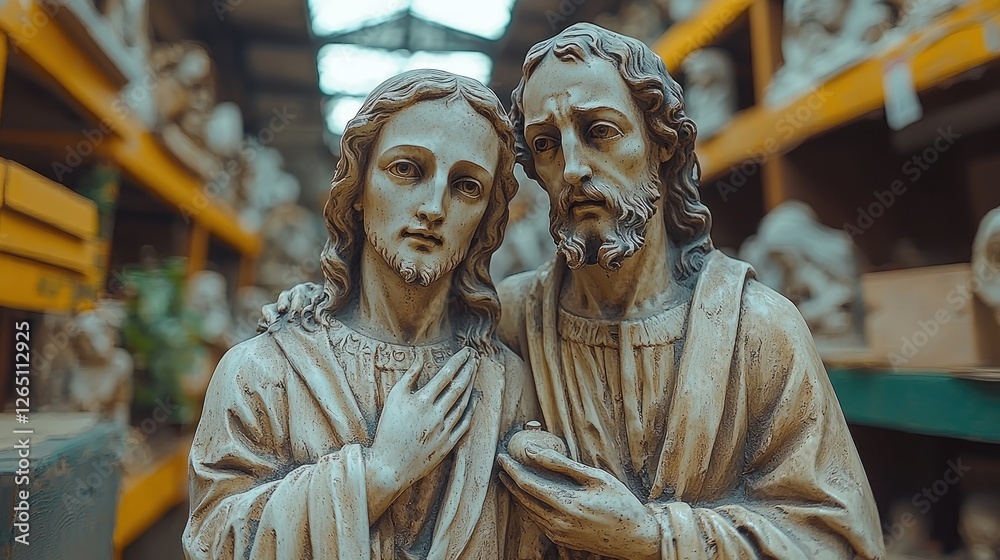 Naklejka premium Religious statues in antique shop interior