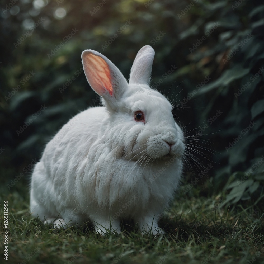 A white rabbit with a small, fluffy tail turned slightly away from the viewer. A white rabbit with a small, fluffy tail turned slightly away from the viewer.