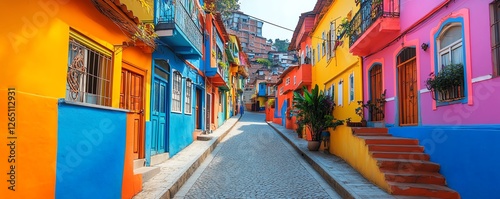Brazilian favela cityscape, colorful painted buildings, narrow streets, vibrant urban culture, ideal for creative graphic art projects, rich textures, streetlevel view