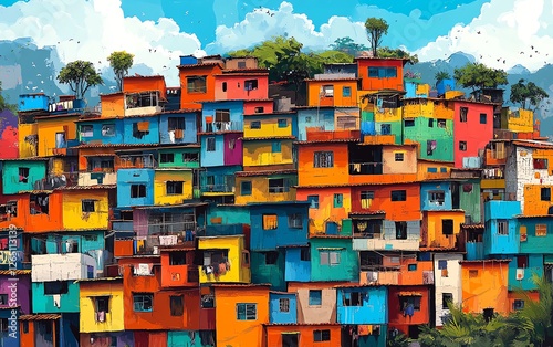 Brazilian favela with colorful buildings, street art, and vibrant culture, perfect for graphic art, eclectic urban landscape, dynamic and lively cityscape design