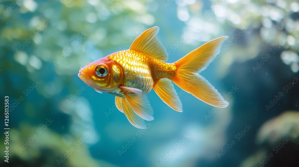 A vibrant goldfish swims gracefully through crystalline waters, its fins flowing elegantly, embodying aquatic life’s joyful and serene essence. A vibrant goldfish swims gracefully through crystalline waters, its fins flowing elegantly, embodying aquatic life’s joyful and serene essence.