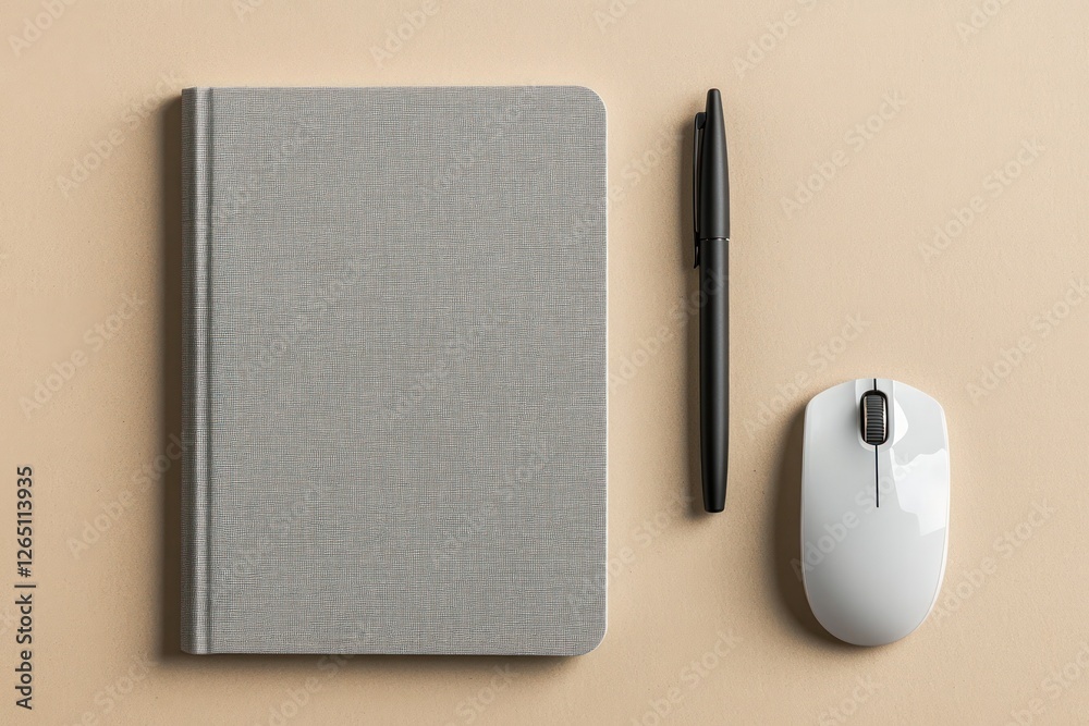 Top view of notebook, pen, and wireless mouse on beige background. Top view of notebook, pen, and wireless mouse on beige background.