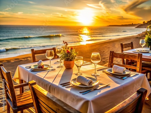 Romantic Beach Restaurant Table Setting in Portugal, Algarve Coast Dinner