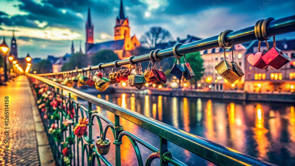 Fototapeta premium Romantic Love Locks on Frankfurt's Iron Bridge at Night - Low Light Photography