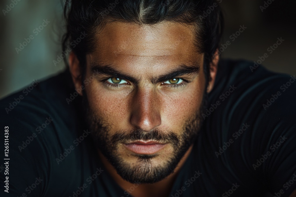 Obraz premium Captivating portrait of a man with striking features and intense gaze, showcasing strong emotions and personality