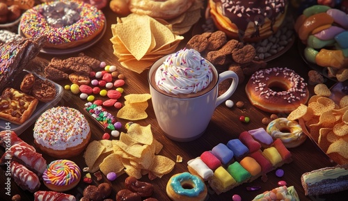 A mug of whipped cream sits amidst a decadent spread of sweets, chips, and candies on a wooden table.