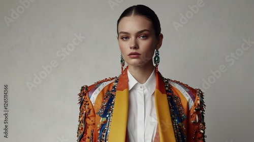 Fashion model with artistic statement wearing colorful layered outfit and bold accessories on gray background