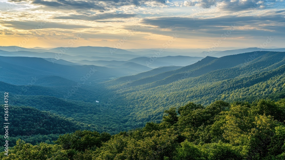 Majestic sunset over layered mountain ranges, lush green forests, and a valley. Majestic sunset over layered mountain ranges, lush green forests, and a valley.