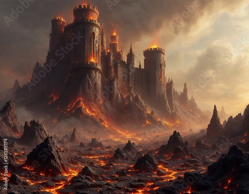 Fiery Castle on Volcanic Landscape with Lava Flow and Cloudy Sky