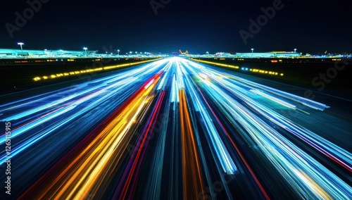 Night runway lights streaks, long exposure.