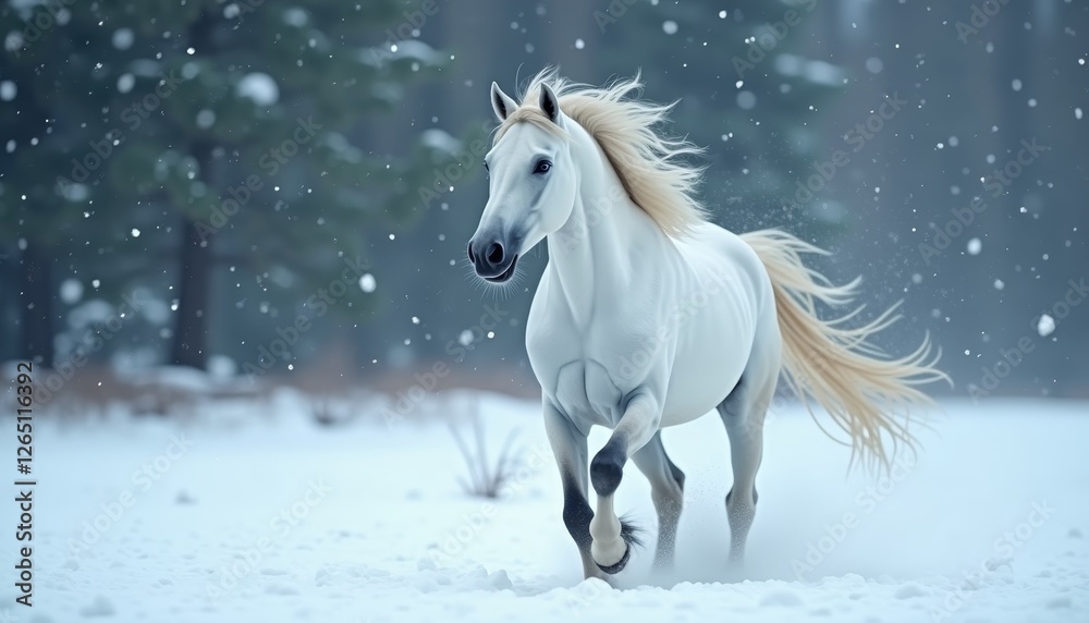 Obraz premium Majestic white horse gallops through a snowy forest landscape