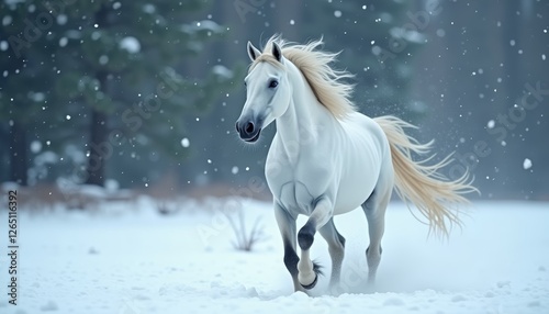 Wallpaper Mural Majestic white horse gallops through a snowy forest landscape Torontodigital.ca