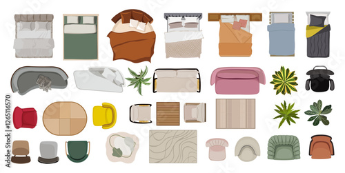 Top view of furniture for interior design plan, apartment project. Sofa, bed, house plants, armchair, tables set for home rooms and offices. Realistic vector illustration on transparent background.