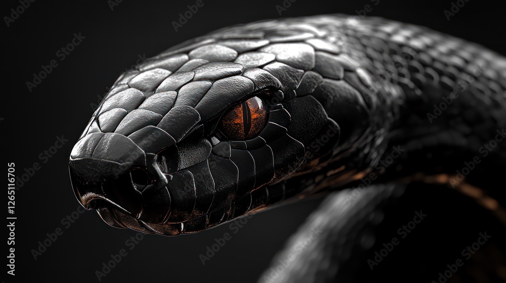 Naklejka premium Black snake portrait, dark background, reptile eye, wildlife, danger