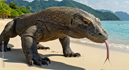  a massive Komodo dragon prowling along a sunlit tropical beach, its forked tongue flicking out as it scents the air