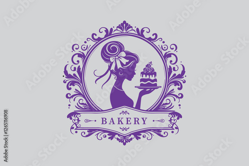 A luxurious bakery logo with a silhouette of a woman wearing a ribbon in her hair, delicately holding a piece of cake.