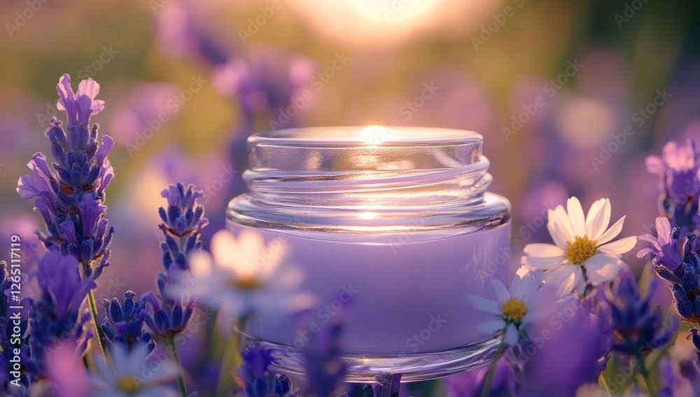 Lavender Cream in a Field of Lavender and Daisies at Sunset Lavender Cream in a Field of Lavender and Daisies at Sunset