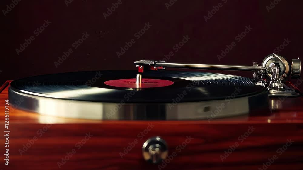 A vintage record player with a wooden finish with spinning vynil, placed against a rich burgundy background.