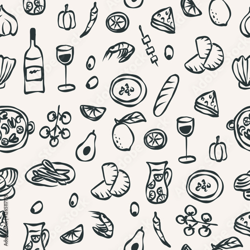 Hand drawn doodle Spanish food seamless pattern