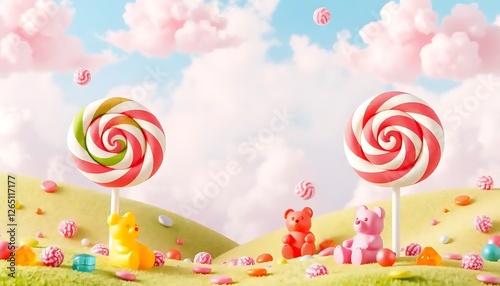 Dreamy candy land with lollipops bears and pastel clouds