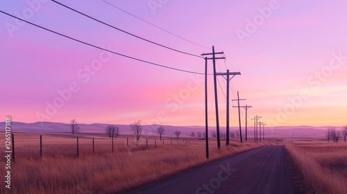 Serene rural landscape at dusk with power lines along a winding road under a colorful sky
