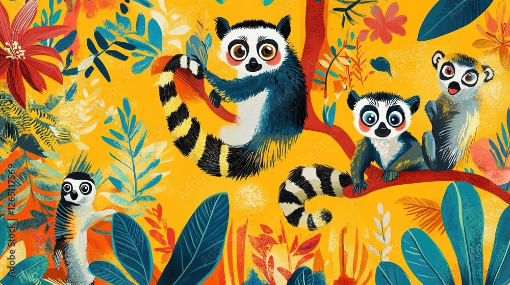 Playful Lemurs Surrounded by Vibrant Tropical Foliage in a Colorful Cartoon Style Illustration Playful Lemurs Surrounded by Vibrant Tropical Foliage in a Colorful Cartoon Style Illustration