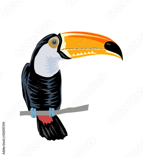 Toucan Exotic colorful bird realistic vector illustration Isolated On transparent Background. Black-feathered tucan with large yellow beak. Tropical bird sitting on tree branch. Exotic animal