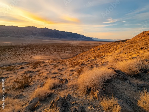 Sunset casts warm glow over arid desert landscape with distant mountains and soft sky hues