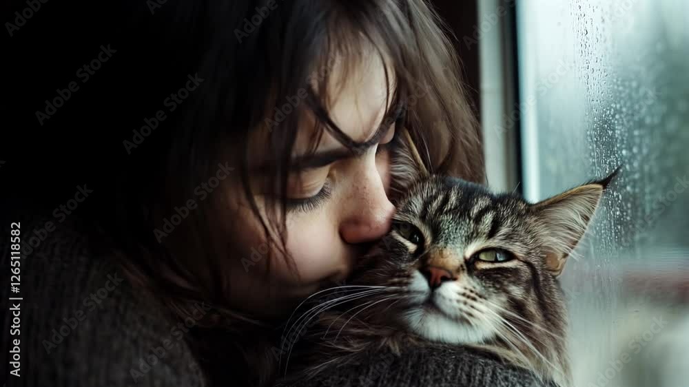 A pensive young female, gently embraces her cat with a kiss while gazing out of rain covered window A pensive young female, gently embraces her cat with a kiss while gazing out of rain covered window