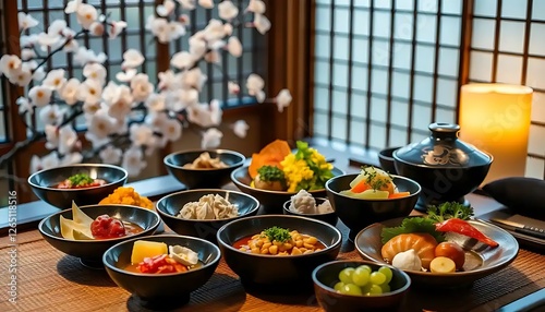 Exquisite japanese cuisine arranged beautifully with a backdrop of cherry blossoms