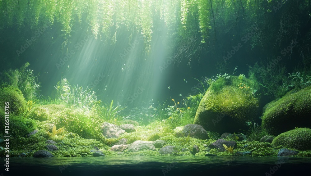 Sunbeams illuminate lush green forest floor, moss-covered rocks, and calm water. Sunbeams illuminate lush green forest floor, moss-covered rocks, and calm water.