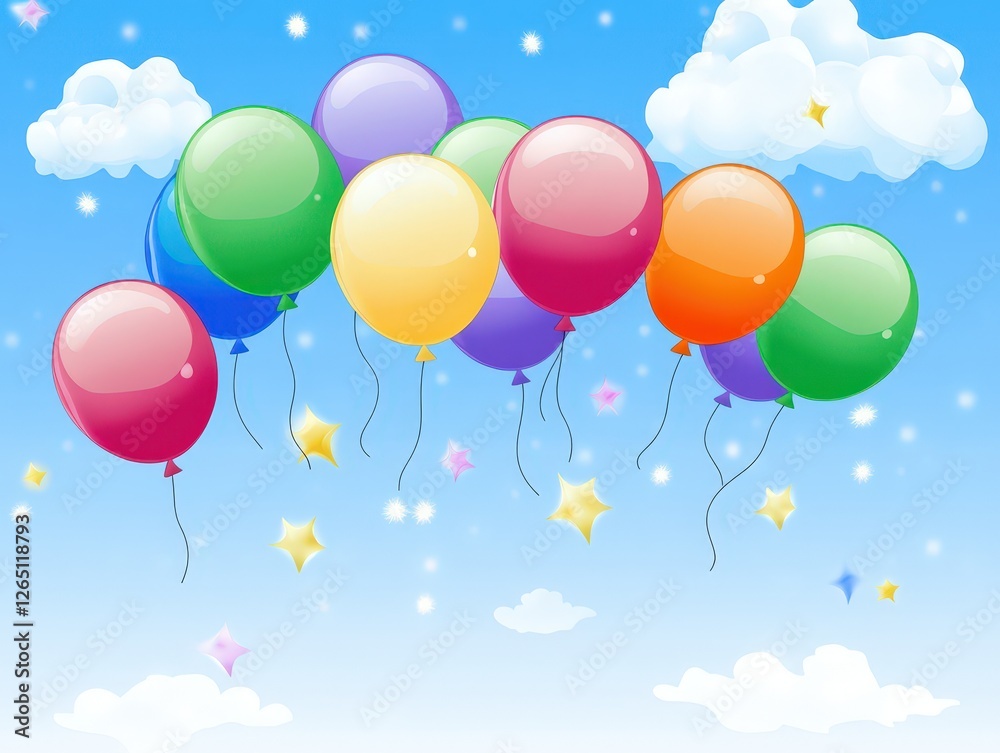 Colorful balloons dance in a bright blue sky filled with fluffy clouds and glimmering stars Colorful balloons dance in a bright blue sky filled with fluffy clouds and glimmering stars