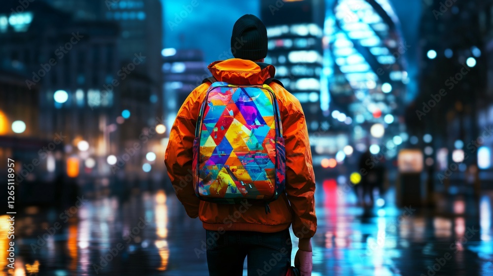 Fototapeta premium Man Walking in Urban Environment with Colorful Graffiti