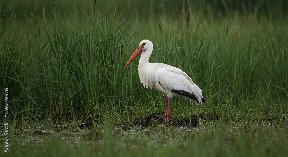Fototapeta premium A tall white stork standing in a grassy marsh with a long beak