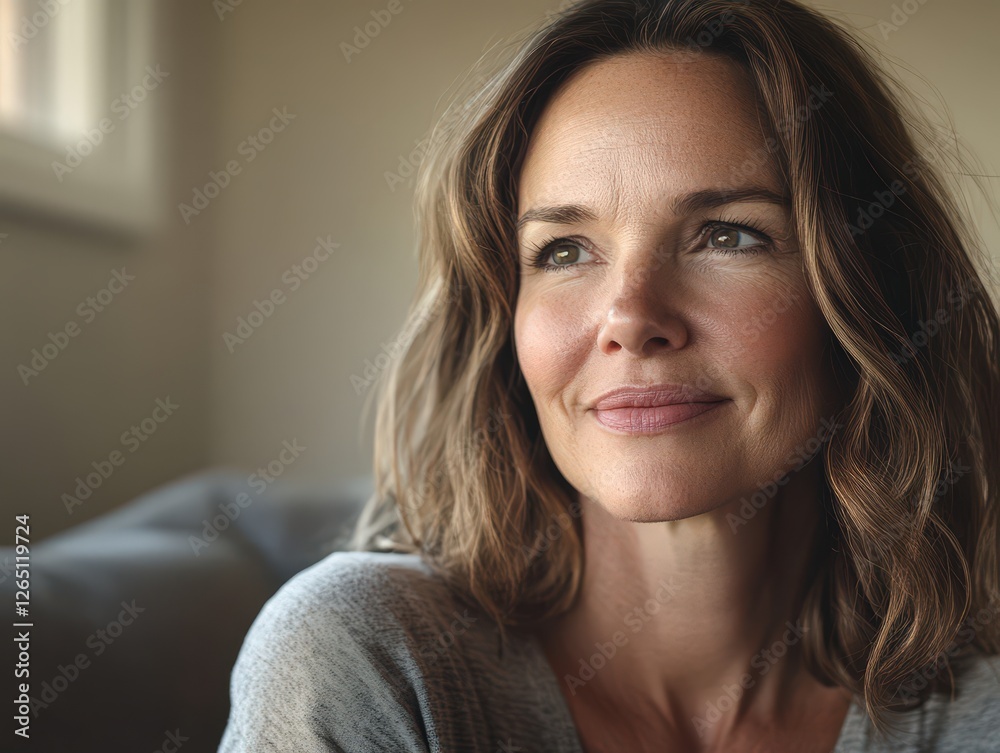 Woman with gentle smile reflecting on life in cozy living room during golden hour Woman with gentle smile reflecting on life in cozy living room during golden hour