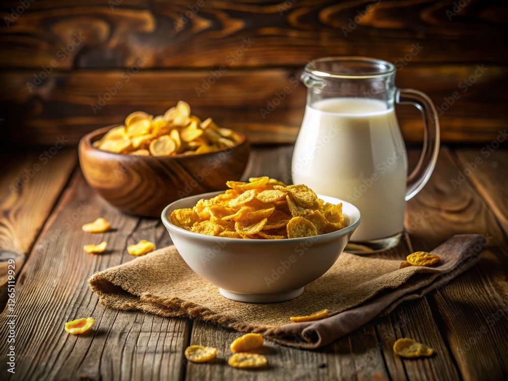 Rustic Low-Light Still Life: Milk and Cornflakes in Wooden Bowl Rustic Low-Light Still Life: Milk and Cornflakes in Wooden Bowl