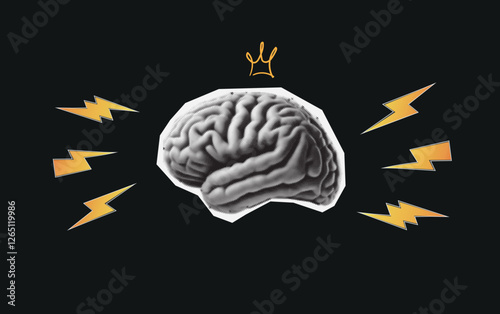 Human brain halftone collage element made of torn out newspaper scrap. Retro halftone effect. Vector illustration