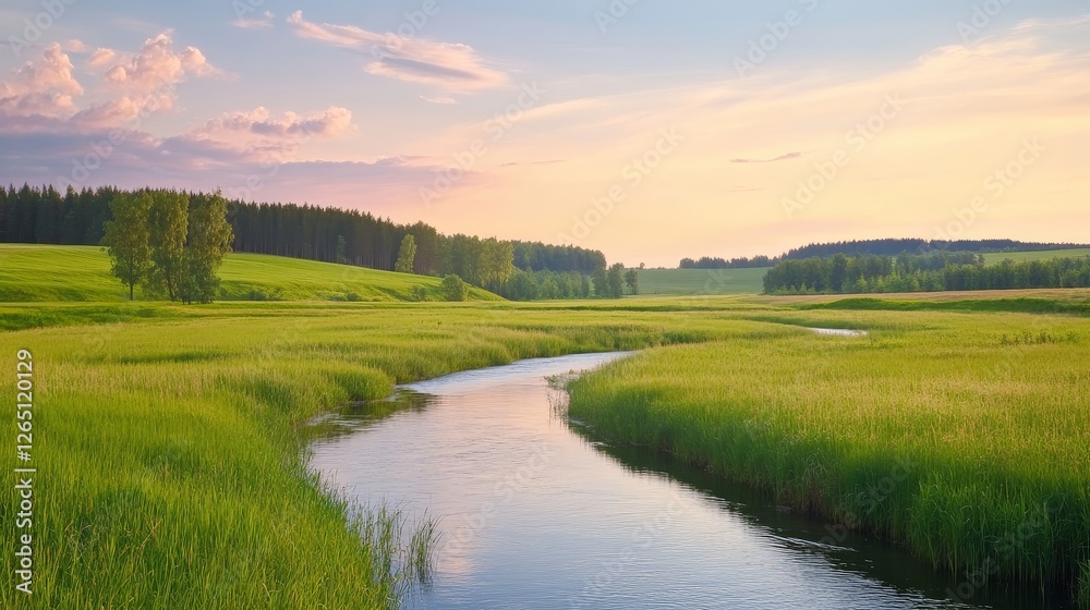 Serene landscape with a winding river surrounded by lush green fields and distant trees at sunset Serene landscape with a winding river surrounded by lush green fields and distant trees at sunset