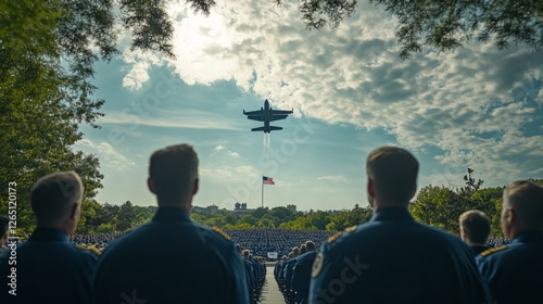 A Memorial Day service with an air force flyover during the national anthem  photo