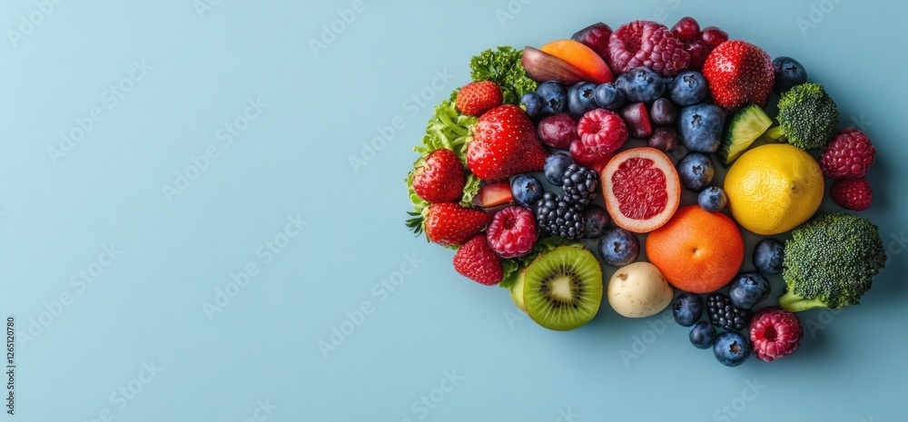 Colorful fruits and vegetables arranged in brain shape on blue background. Colorful fruits and vegetables arranged in brain shape on blue background.