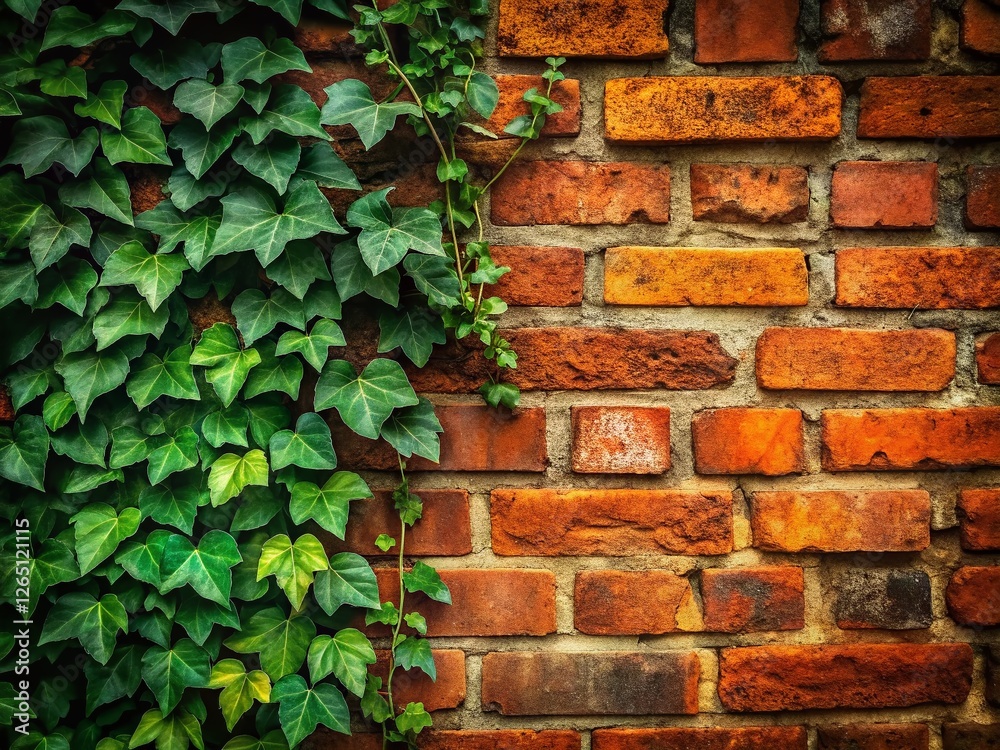 Rustic Red Brick Wall with Ivy, Weathered Texture, Vintage Photography Style Rustic Red Brick Wall with Ivy, Weathered Texture, Vintage Photography Style