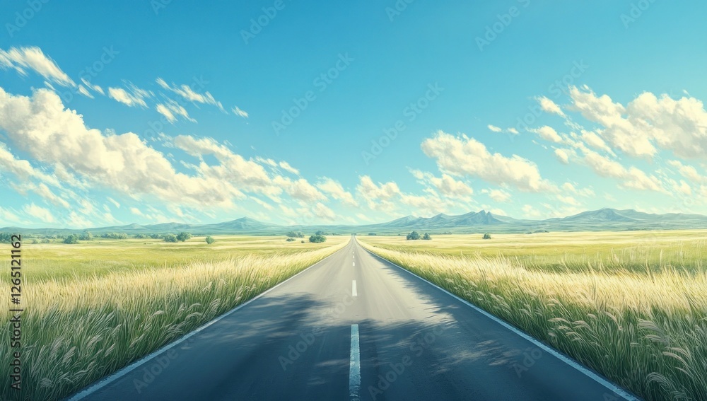 Fototapeta premium Open road stretching towards distant mountains under a bright blue sky with fluffy clouds, flanked by tall grass.