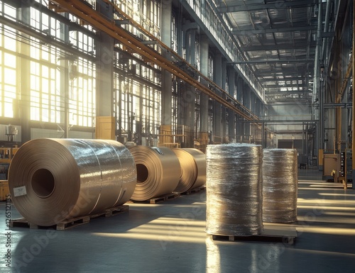 Wallpaper Mural Large rolls of metal sheets in a spacious industrial warehouse, illuminated by sunlight streaming through high windows. Torontodigital.ca