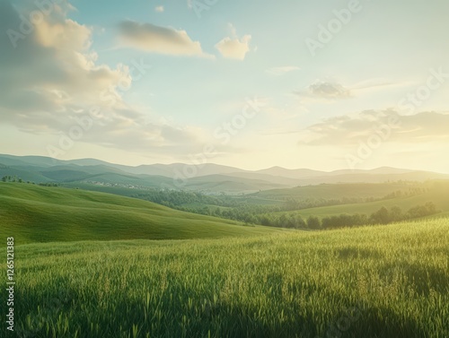 Sunrise over rolling hills and vibrant green fields in a tranquil countryside landscape